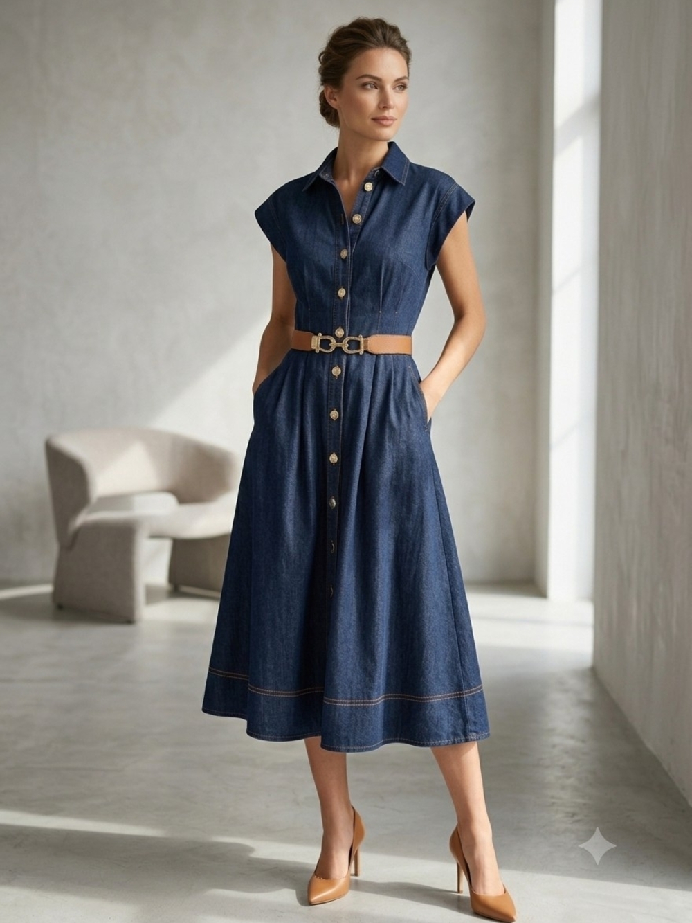 Badgley Mischka Dark Blue Denim Midi Shirt Dress